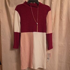 Colorblock Rib Knit Sweater Long Sleeve Dress in Burgundy, Blush & Cream